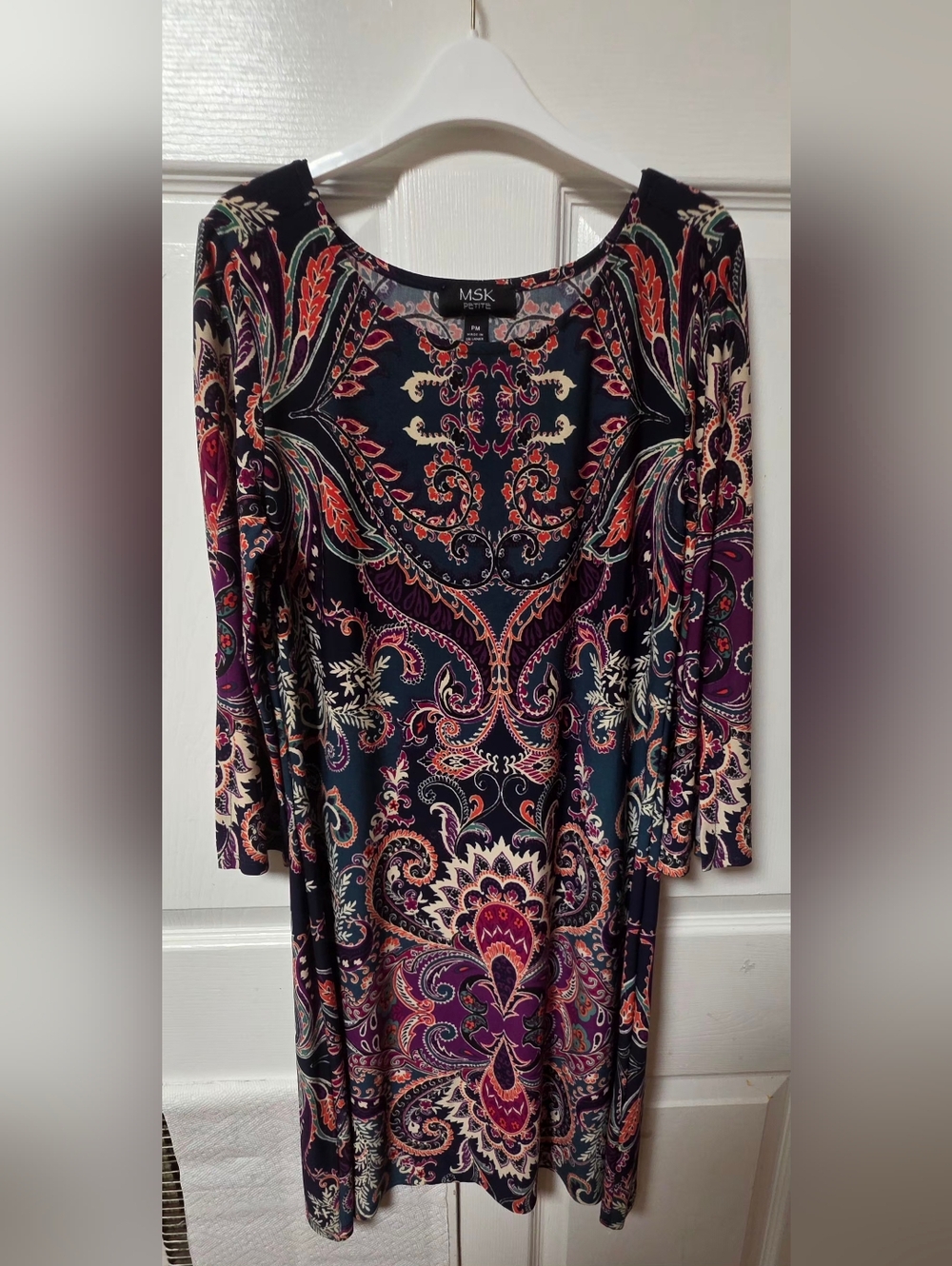 MSK Petite Dress PM Paisley Print 3/4 Split Sleeve Knit Shift Stretchy - Picture 2 of 8